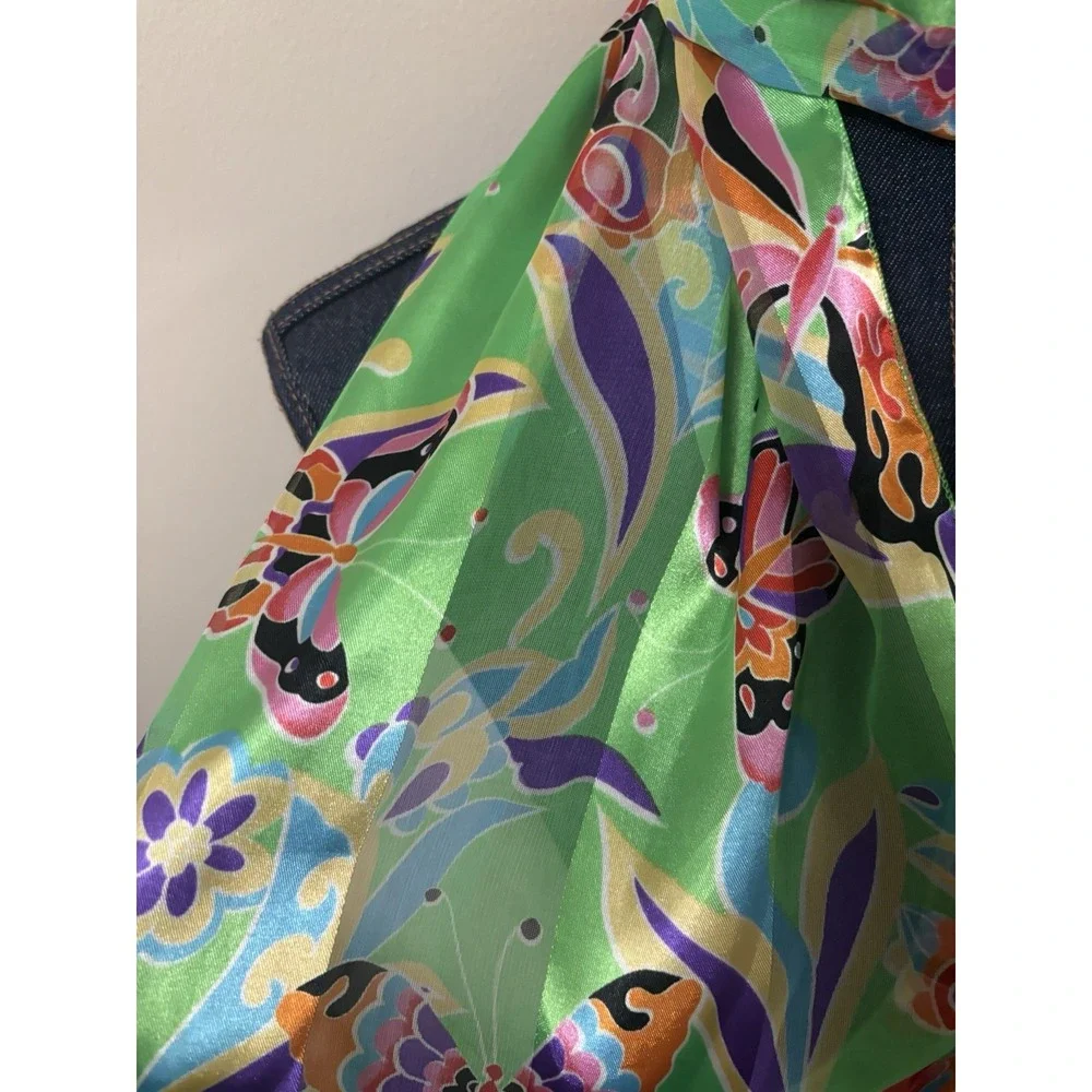Vibrant Butterfly Scarf Polyester Sheer Green Long Rectangle Neck
